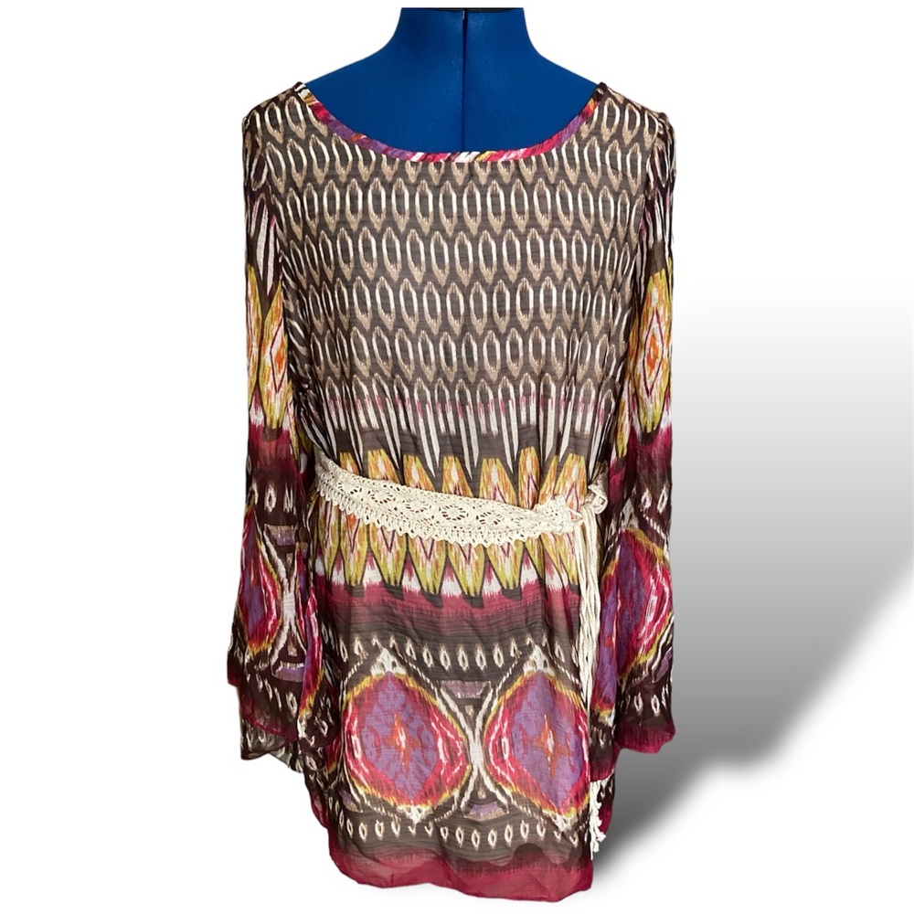 SANS SUCCI Sheer Tunic Top Open Bell Sleeves Colorful Boho Pattern Size Large